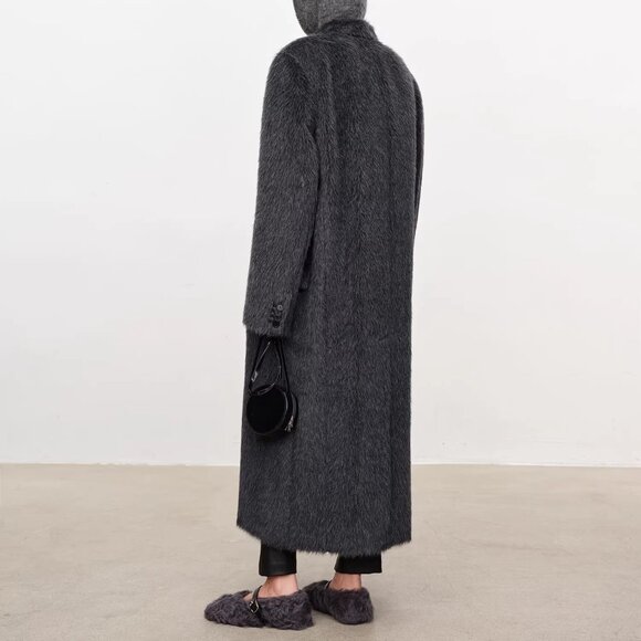 CHICJOC Long Tailored Alpaca Wool Coat Melange Dark Gray Size 36 - Picture 6 of 16